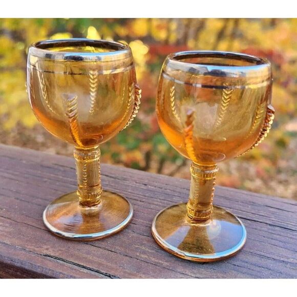 Pair New Martinsville Glass Company Amber 1 oz Mini Cordial Goblet Platinum Trim - Picture 4 of 4
